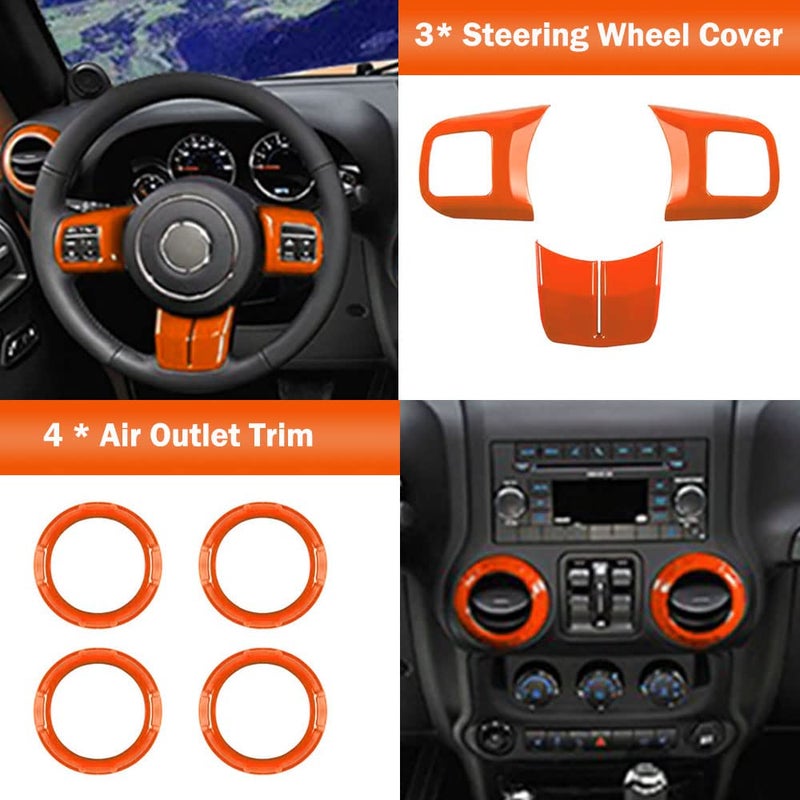 Opall 18PCS Full Set Interior Decoration Trim Kit Steering Wheel& Center Console Air Outlet Trim, Door Handle Cover Inner for Jeep Wrangler JK JKU 2011-2018 2 Door &4 Door (Orange) - Image 3